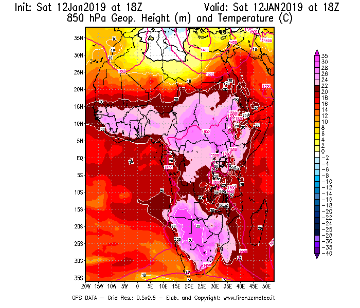 Mappa di analisi GFS - Geopotenziale [m] e Temperatura [°C] a 850 hPa in Africa
							del 12/01/2019 18 <!--googleoff: index-->UTC<!--googleon: index-->