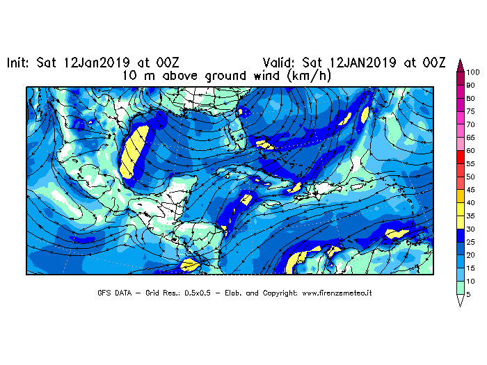 Mappa di analisi GFS - Velocità del vento a 10 metri dal suolo [km/h] in Centro-America
							del 12/01/2019 00 <!--googleoff: index-->UTC<!--googleon: index-->