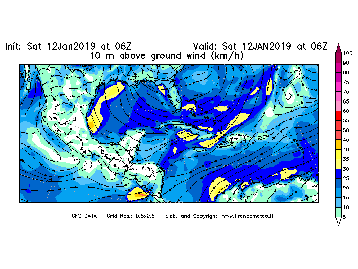 Mappa di analisi GFS - Velocità del vento a 10 metri dal suolo [km/h] in Centro-America
							del 12/01/2019 06 <!--googleoff: index-->UTC<!--googleon: index-->
