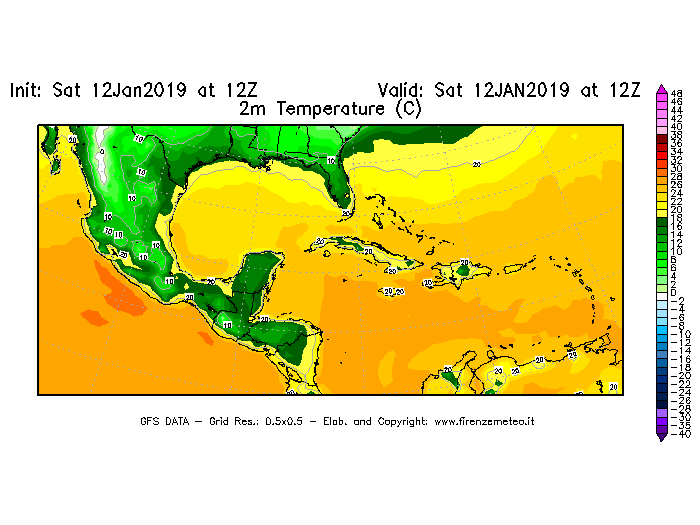 Mappa di analisi GFS - Temperatura a 2 metri dal suolo [°C] in Centro-America
									del 12/01/2019 12 <!--googleoff: index-->UTC<!--googleon: index-->
