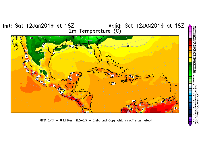 Mappa di analisi GFS - Temperatura a 2 metri dal suolo [°C] in Centro-America
									del 12/01/2019 18 <!--googleoff: index-->UTC<!--googleon: index-->