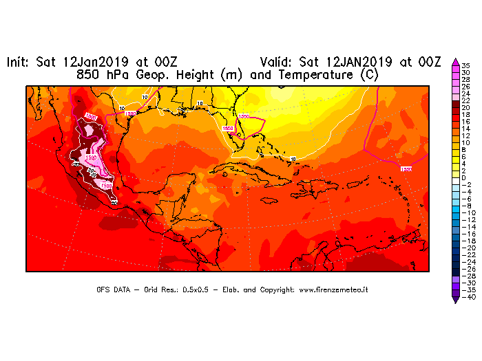 Mappa di analisi GFS - Geopotenziale [m] e Temperatura [°C] a 850 hPa in Centro-America
							del 12/01/2019 00 <!--googleoff: index-->UTC<!--googleon: index-->