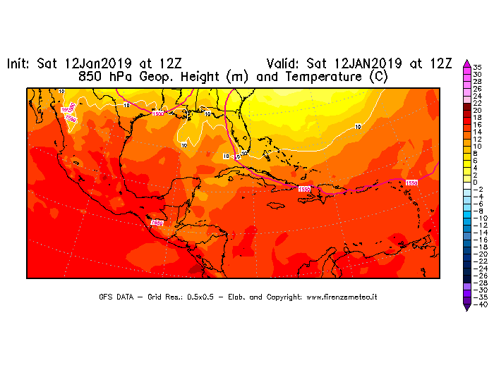 Mappa di analisi GFS - Geopotenziale [m] e Temperatura [°C] a 850 hPa in Centro-America
									del 12/01/2019 12 <!--googleoff: index-->UTC<!--googleon: index-->