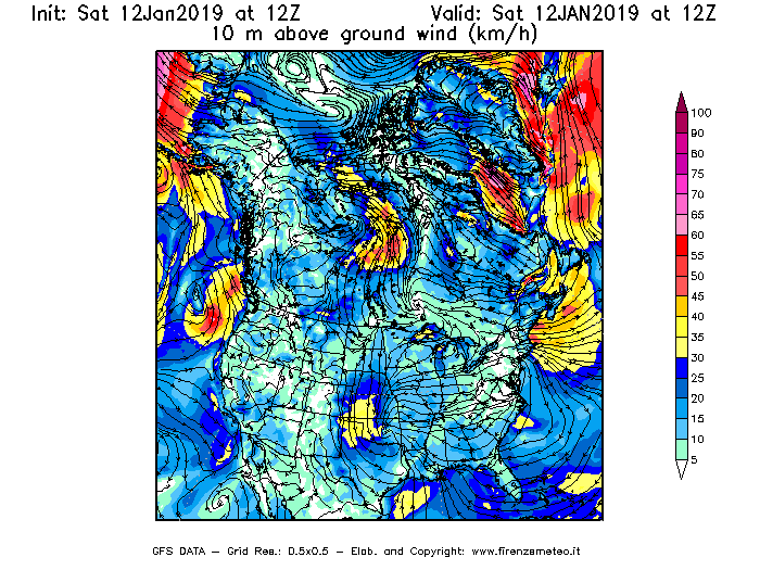Mappa di analisi GFS - Velocità del vento a 10 metri dal suolo [km/h] in Nord-America
									del 12/01/2019 12 <!--googleoff: index-->UTC<!--googleon: index-->