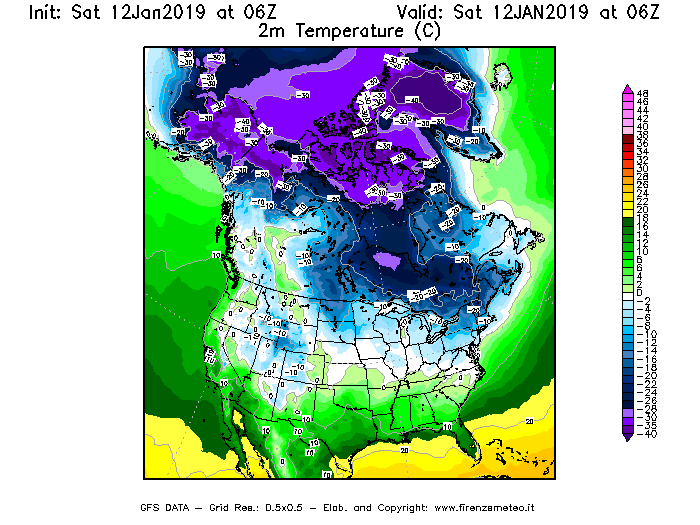 Mappa di analisi GFS - Temperatura a 2 metri dal suolo [°C] in Nord-America
									del 12/01/2019 06 <!--googleoff: index-->UTC<!--googleon: index-->