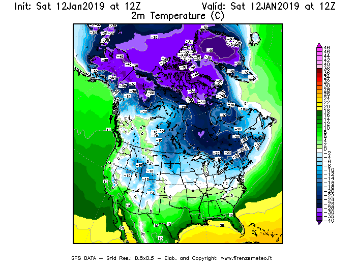 Mappa di analisi GFS - Temperatura a 2 metri dal suolo [°C] in Nord-America
									del 12/01/2019 12 <!--googleoff: index-->UTC<!--googleon: index-->