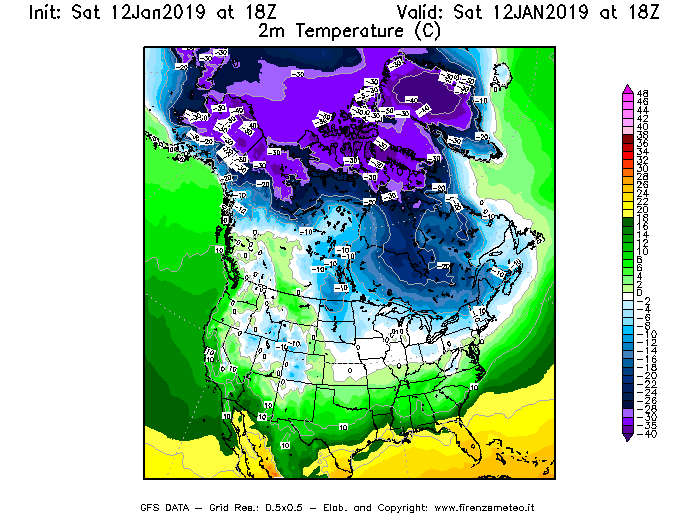 Mappa di analisi GFS - Temperatura a 2 metri dal suolo [°C] in Nord-America
							del 12/01/2019 18 <!--googleoff: index-->UTC<!--googleon: index-->