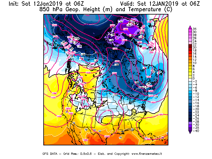 Mappa di analisi GFS - Geopotenziale [m] e Temperatura [°C] a 850 hPa in Nord-America
									del 12/01/2019 06 <!--googleoff: index-->UTC<!--googleon: index-->