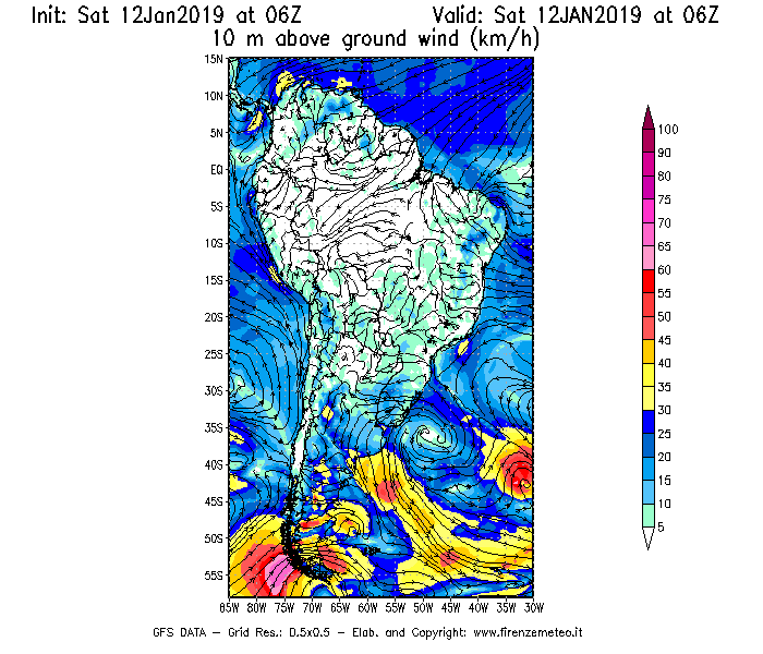 Mappa di analisi GFS - Velocità del vento a 10 metri dal suolo [km/h] in Sud-America
									del 12/01/2019 06 <!--googleoff: index-->UTC<!--googleon: index-->