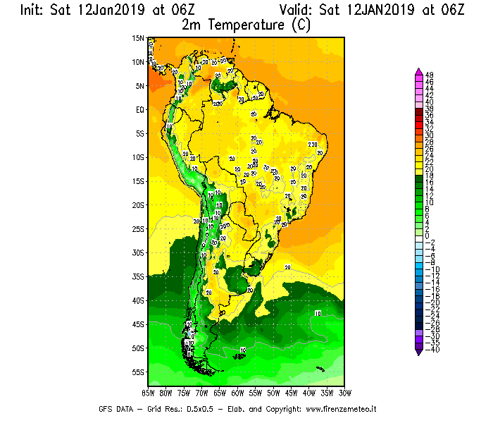 Mappa di analisi GFS - Temperatura a 2 metri dal suolo [°C] in Sud-America
							del 12/01/2019 06 <!--googleoff: index-->UTC<!--googleon: index-->