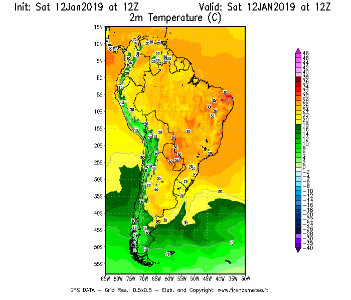 Mappa di analisi GFS - Temperatura a 2 metri dal suolo [°C] in Sud-America
							del 12/01/2019 12 <!--googleoff: index-->UTC<!--googleon: index-->