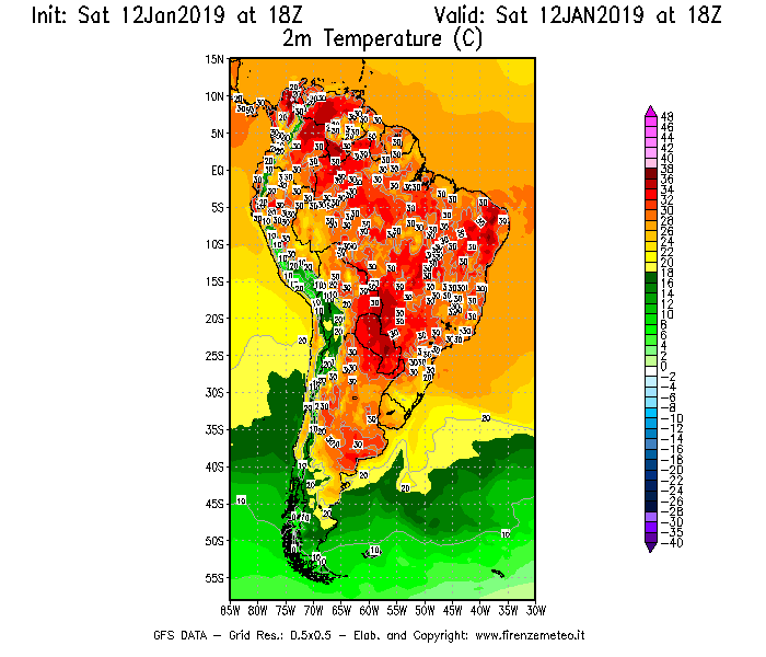 Mappa di analisi GFS - Temperatura a 2 metri dal suolo [°C] in Sud-America
							del 12/01/2019 18 <!--googleoff: index-->UTC<!--googleon: index-->