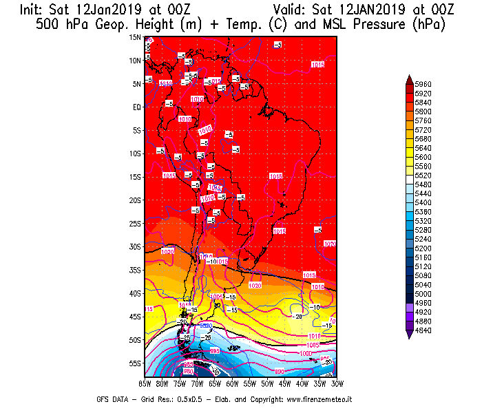 Mappa di analisi GFS - Geopotenziale [m] + Temp. [°C] a 500 hPa + Press. a livello del mare [hPa] in Sud-America
									del 12/01/2019 00 <!--googleoff: index-->UTC<!--googleon: index-->