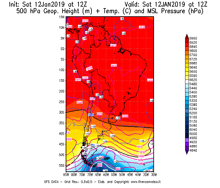 Mappa di analisi GFS - Geopotenziale [m] + Temp. [°C] a 500 hPa + Press. a livello del mare [hPa] in Sud-America
									del 12/01/2019 12 <!--googleoff: index-->UTC<!--googleon: index-->