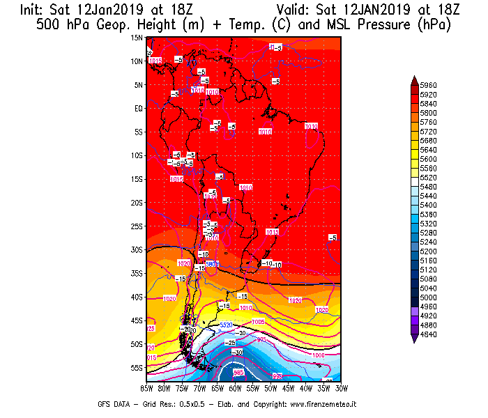 Mappa di analisi GFS - Geopotenziale [m] + Temp. [°C] a 500 hPa + Press. a livello del mare [hPa] in Sud-America
							del 12/01/2019 18 <!--googleoff: index-->UTC<!--googleon: index-->
