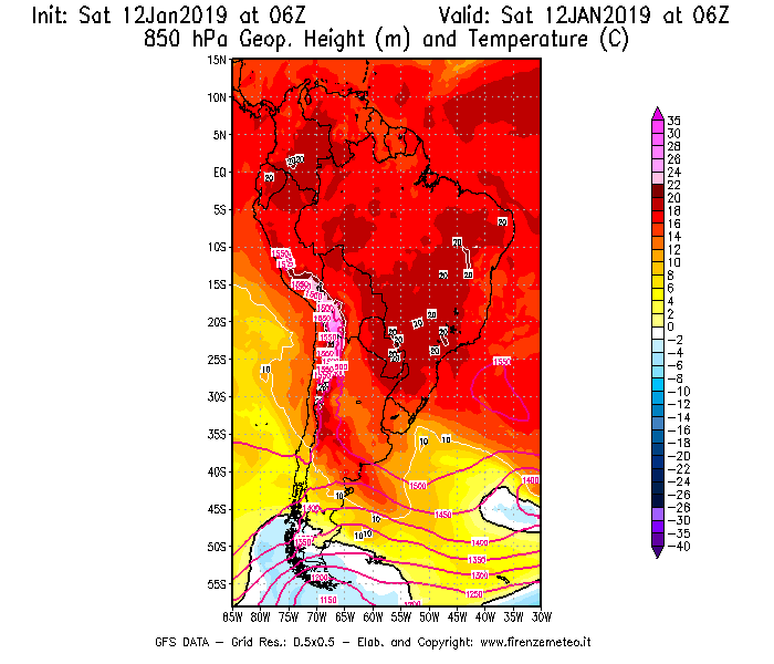 Mappa di analisi GFS - Geopotenziale [m] e Temperatura [°C] a 850 hPa in Sud-America
									del 12/01/2019 06 <!--googleoff: index-->UTC<!--googleon: index-->