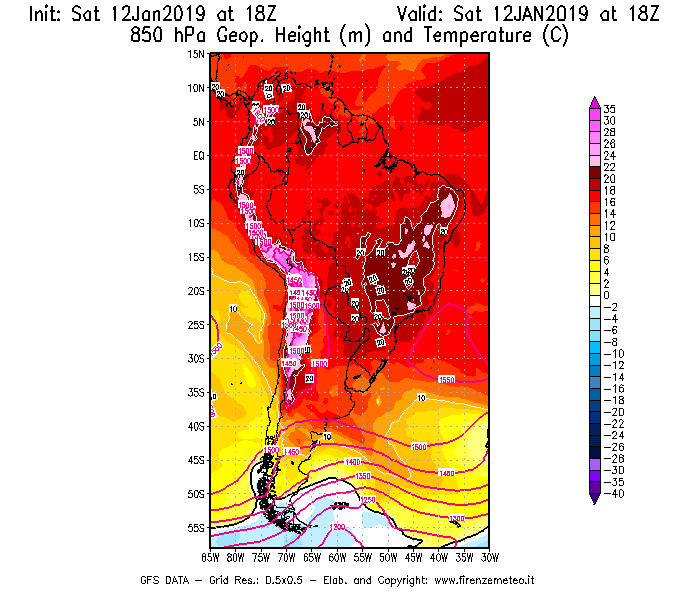 Mappa di analisi GFS - Geopotenziale [m] e Temperatura [°C] a 850 hPa in Sud-America
							del 12/01/2019 18 <!--googleoff: index-->UTC<!--googleon: index-->