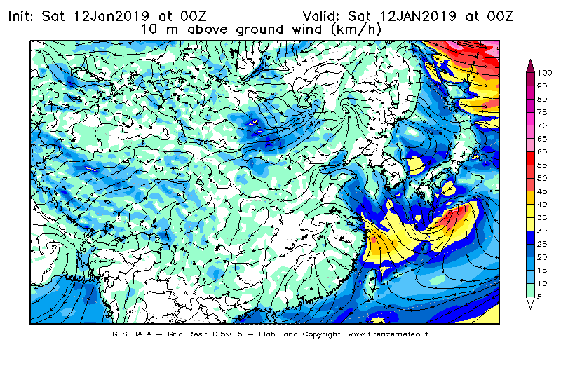 Mappa di analisi GFS - Velocità del vento a 10 metri dal suolo [km/h] in Asia Orientale
							del 12/01/2019 00 <!--googleoff: index-->UTC<!--googleon: index-->