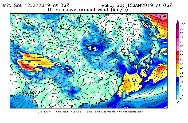 Mappa di analisi GFS - Velocità del vento a 10 metri dal suolo [km/h] in Asia Orientale
									del 12/01/2019 06 <!--googleoff: index-->UTC<!--googleon: index-->
