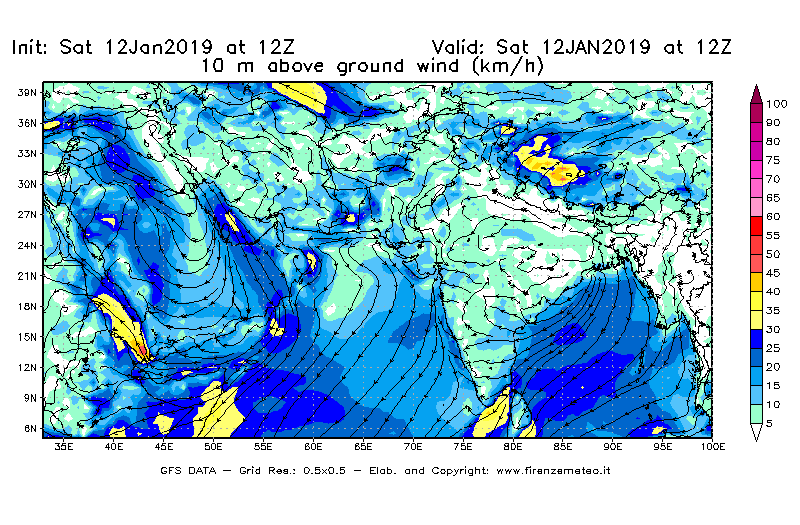 Mappa di analisi GFS - Velocità del vento a 10 metri dal suolo [km/h] in Asia Sud-Occidentale
									del 12/01/2019 12 <!--googleoff: index-->UTC<!--googleon: index-->