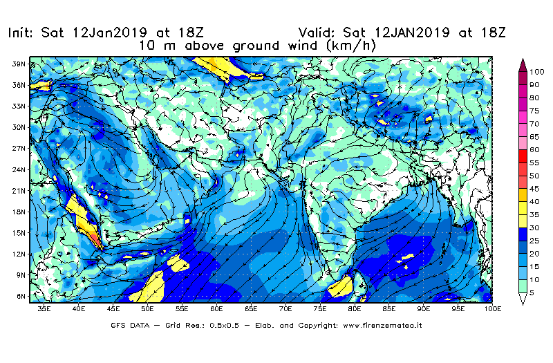 Mappa di analisi GFS - Velocità del vento a 10 metri dal suolo [km/h] in Asia Sud-Occidentale
									del 12/01/2019 18 <!--googleoff: index-->UTC<!--googleon: index-->