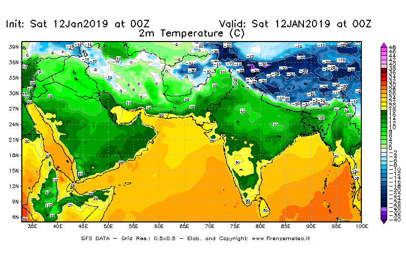 Mappa di analisi GFS - Temperatura a 2 metri dal suolo [°C] in Asia Sud-Occidentale
									del 12/01/2019 00 <!--googleoff: index-->UTC<!--googleon: index-->