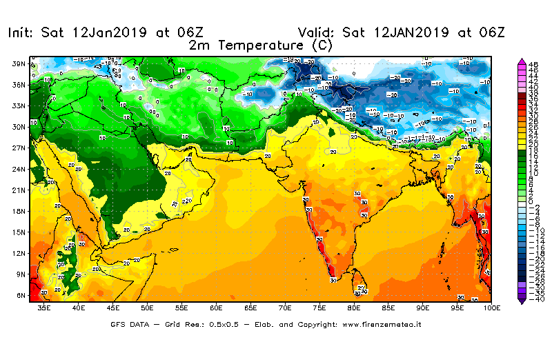 Mappa di analisi GFS - Temperatura a 2 metri dal suolo [°C] in Asia Sud-Occidentale
							del 12/01/2019 06 <!--googleoff: index-->UTC<!--googleon: index-->