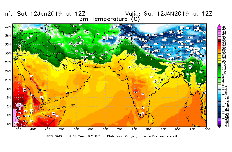 Mappa di analisi GFS - Temperatura a 2 metri dal suolo [°C] in Asia Sud-Occidentale
							del 12/01/2019 12 <!--googleoff: index-->UTC<!--googleon: index-->