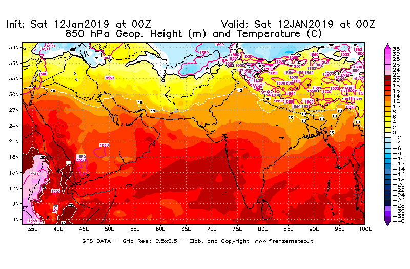 Mappa di analisi GFS - Geopotenziale [m] e Temperatura [°C] a 850 hPa in Asia Sud-Occidentale
							del 12/01/2019 00 <!--googleoff: index-->UTC<!--googleon: index-->