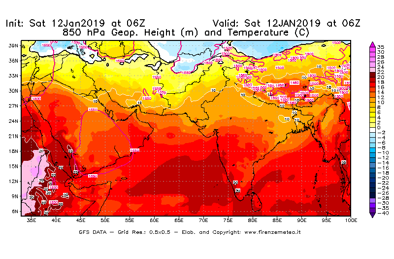 Mappa di analisi GFS - Geopotenziale [m] e Temperatura [°C] a 850 hPa in Asia Sud-Occidentale
							del 12/01/2019 06 <!--googleoff: index-->UTC<!--googleon: index-->
