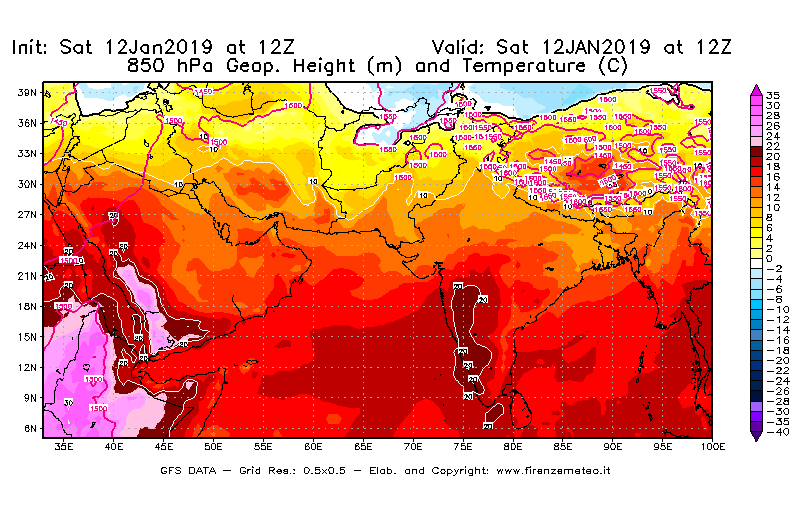 Mappa di analisi GFS - Geopotenziale [m] e Temperatura [°C] a 850 hPa in Asia Sud-Occidentale
							del 12/01/2019 12 <!--googleoff: index-->UTC<!--googleon: index-->