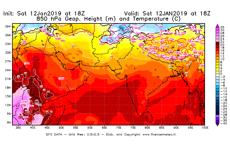 Mappa di analisi GFS - Geopotenziale [m] e Temperatura [°C] a 850 hPa in Asia Sud-Occidentale
							del 12/01/2019 18 <!--googleoff: index-->UTC<!--googleon: index-->