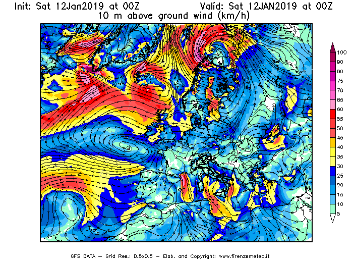 Mappa di analisi GFS - Velocità del vento a 10 metri dal suolo [km/h] in Europa
							del 12/01/2019 00 <!--googleoff: index-->UTC<!--googleon: index-->