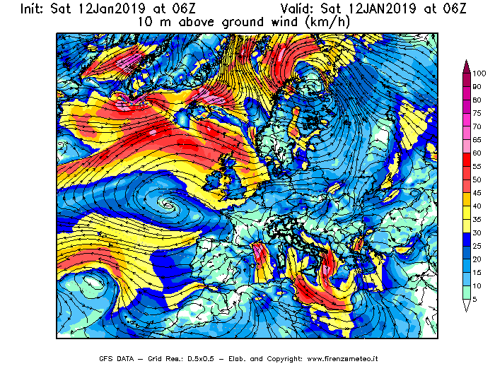 Mappa di analisi GFS - Velocità del vento a 10 metri dal suolo [km/h] in Europa
									del 12/01/2019 06 <!--googleoff: index-->UTC<!--googleon: index-->