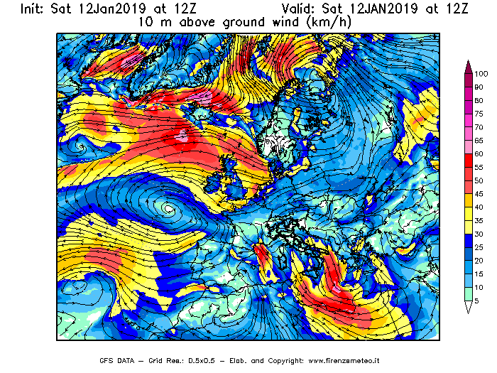 Mappa di analisi GFS - Velocità del vento a 10 metri dal suolo [km/h] in Europa
							del 12/01/2019 12 <!--googleoff: index-->UTC<!--googleon: index-->