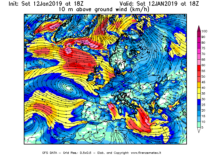 Mappa di analisi GFS - Velocità del vento a 10 metri dal suolo [km/h] in Europa
							del 12/01/2019 18 <!--googleoff: index-->UTC<!--googleon: index-->