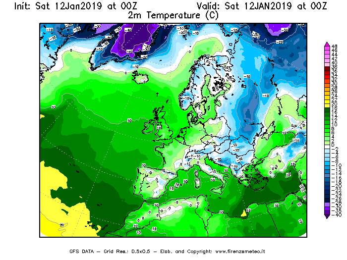 Mappa di analisi GFS - Temperatura a 2 metri dal suolo [°C] in Europa
									del 12/01/2019 00 <!--googleoff: index-->UTC<!--googleon: index-->