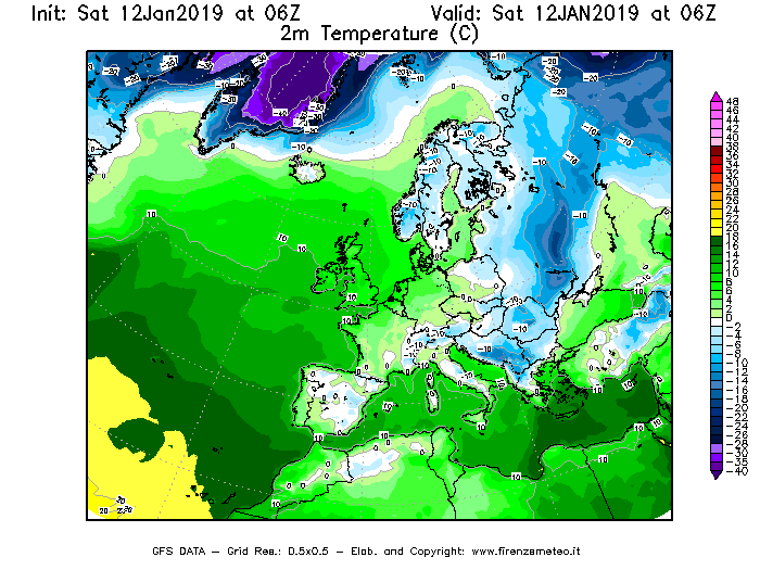 Mappa di analisi GFS - Temperatura a 2 metri dal suolo [°C] in Europa
									del 12/01/2019 06 <!--googleoff: index-->UTC<!--googleon: index-->