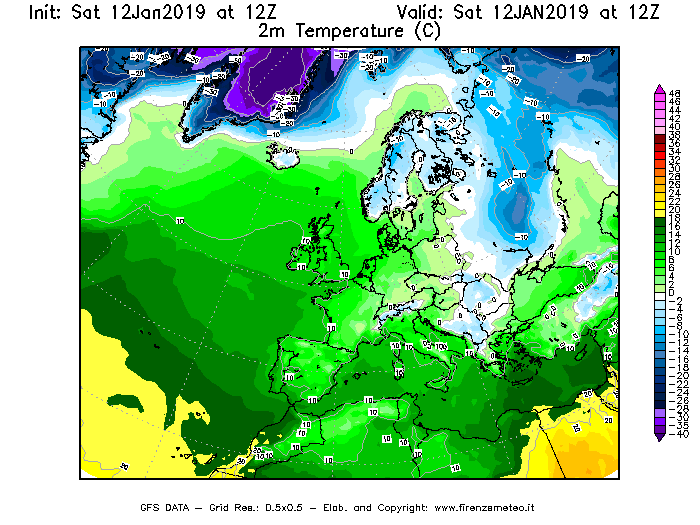 Mappa di analisi GFS - Temperatura a 2 metri dal suolo [°C] in Europa
									del 12/01/2019 12 <!--googleoff: index-->UTC<!--googleon: index-->