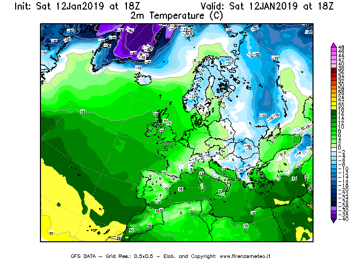Mappa di analisi GFS - Temperatura a 2 metri dal suolo [°C] in Europa
									del 12/01/2019 18 <!--googleoff: index-->UTC<!--googleon: index-->