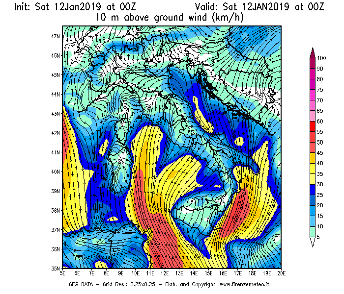 Mappa di analisi GFS - Velocità del vento a 10 metri dal suolo [km/h] in Italia
							del 12/01/2019 00 <!--googleoff: index-->UTC<!--googleon: index-->