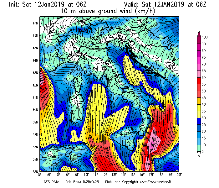 Mappa di analisi GFS - Velocità del vento a 10 metri dal suolo [km/h] in Italia
									del 12/01/2019 06 <!--googleoff: index-->UTC<!--googleon: index-->