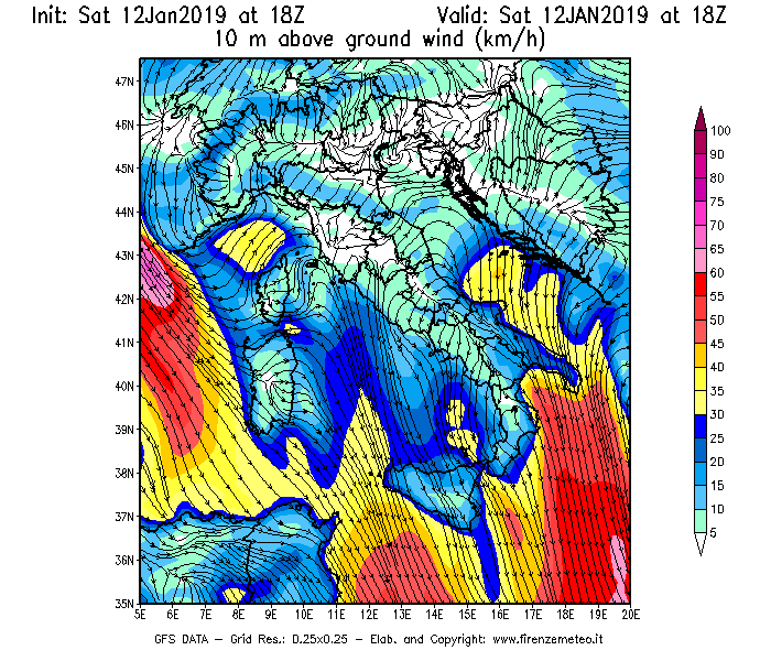 Mappa di analisi GFS - Velocità del vento a 10 metri dal suolo [km/h] in Italia
									del 12/01/2019 18 <!--googleoff: index-->UTC<!--googleon: index-->