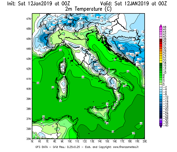 Mappa di analisi GFS - Temperatura a 2 metri dal suolo [°C] in Italia
							del 12/01/2019 00 <!--googleoff: index-->UTC<!--googleon: index-->