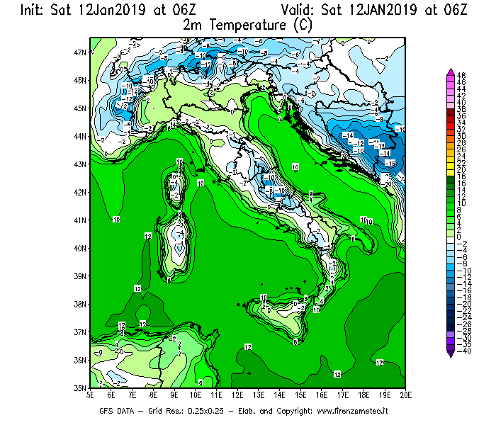 Mappa di analisi GFS - Temperatura a 2 metri dal suolo [°C] in Italia
							del 12/01/2019 06 <!--googleoff: index-->UTC<!--googleon: index-->