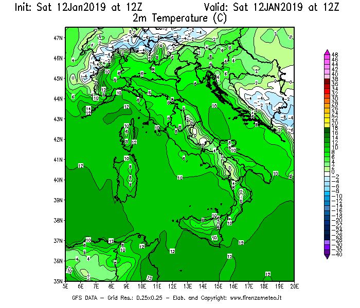 Mappa di analisi GFS - Temperatura a 2 metri dal suolo [°C] in Italia
									del 12/01/2019 12 <!--googleoff: index-->UTC<!--googleon: index-->