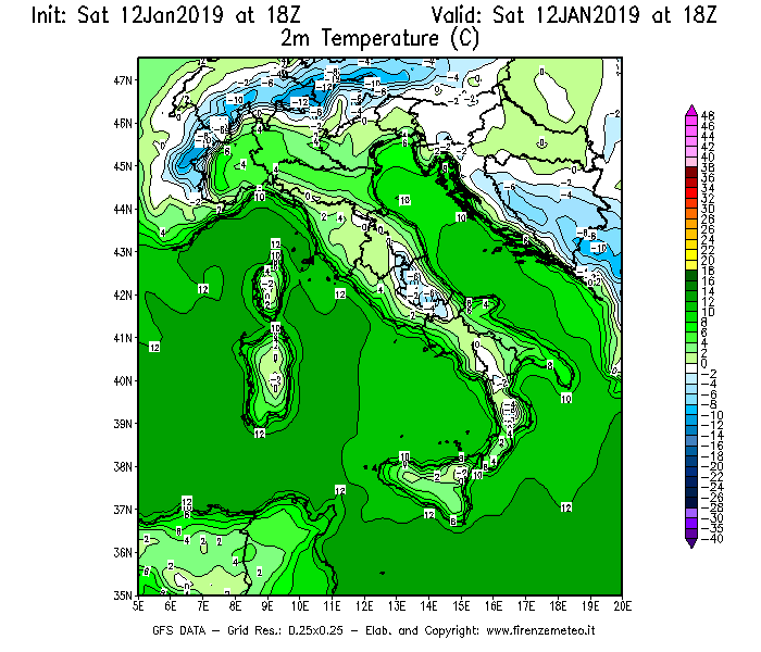 Mappa di analisi GFS - Temperatura a 2 metri dal suolo [°C] in Italia
							del 12/01/2019 18 <!--googleoff: index-->UTC<!--googleon: index-->