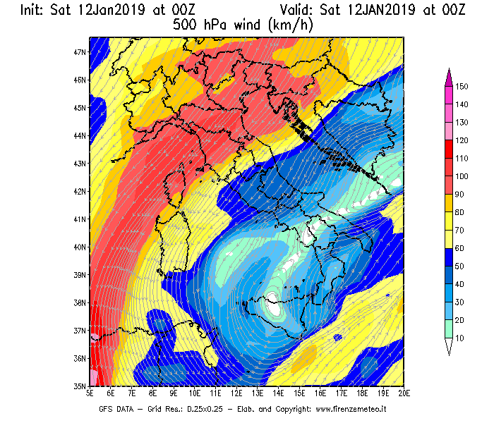 Mappa di analisi GFS - Velocità del vento a 500 hPa [km/h] in Italia
									del 12/01/2019 00 <!--googleoff: index-->UTC<!--googleon: index-->
