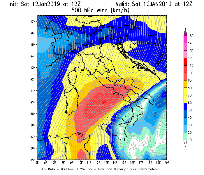 Mappa di analisi GFS - Velocità del vento a 500 hPa [km/h] in Italia
							del 12/01/2019 12 <!--googleoff: index-->UTC<!--googleon: index-->