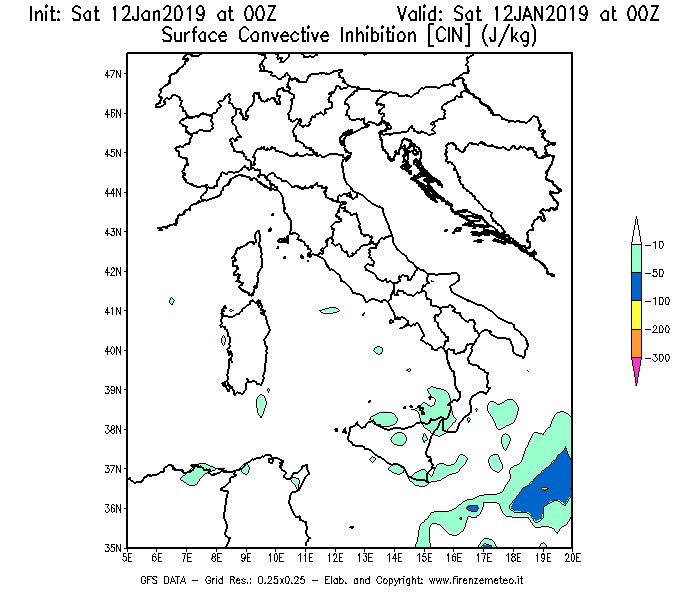Mappa di analisi GFS - CIN [J/kg] in Italia
							del 12/01/2019 00 <!--googleoff: index-->UTC<!--googleon: index-->